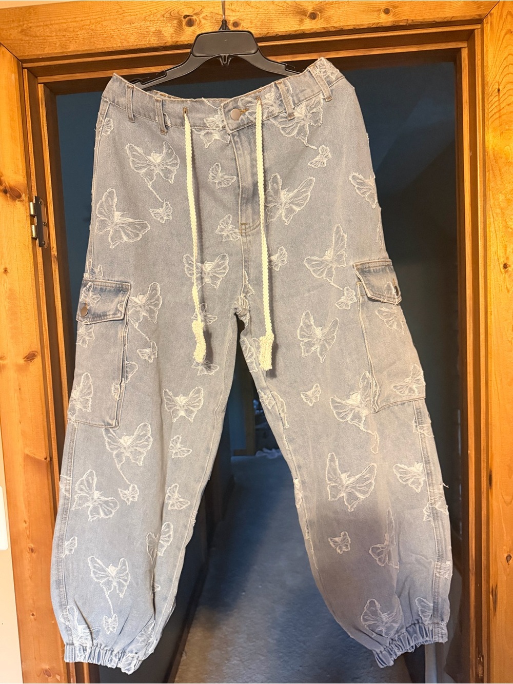 Light Blue Denim Pol Butterfly Cargo Joggers NWOT